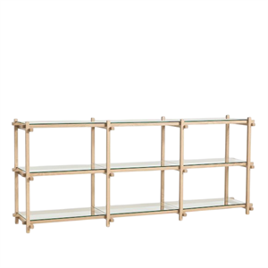HAY Woody Shelving 2.0 -hyllykkö, matala, mantelinvärinen, valkoinen/lasi