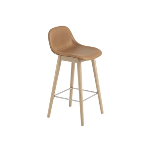 Muuto Fiber Bar Stool w. Wood Base And Backrest Leather Upholstered Cognac/Oak H87.5 cm