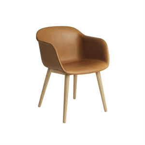 Muuto Fiber Dining Chair with Armrest and Wood Base Leather Upholstered Cognac/Oak